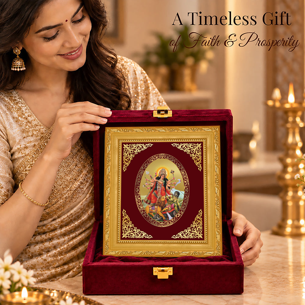 24K Gold-Plated Durga Mahishasura Mardini Frame | Premium Gift Box | 16x13.5 CM