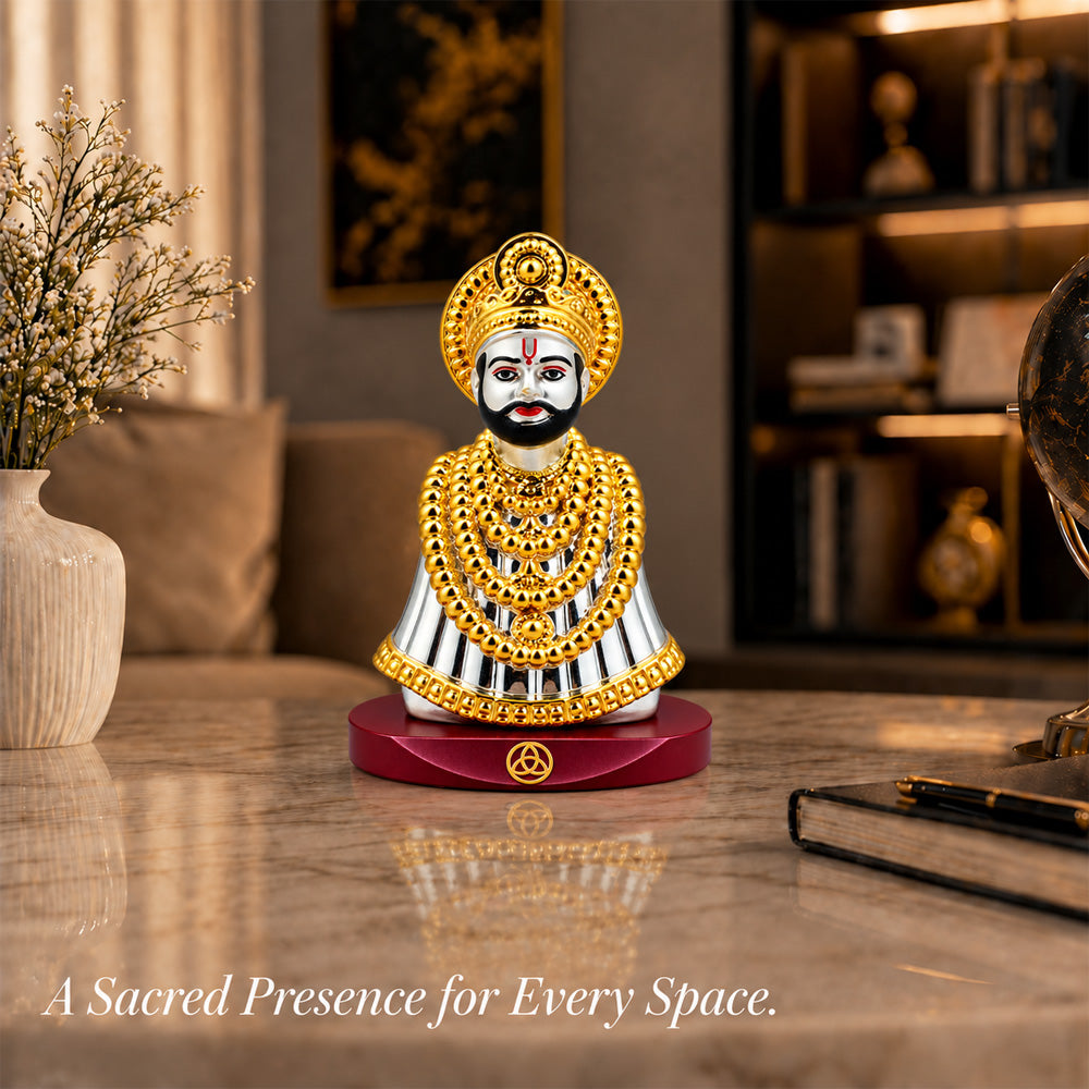 24K Gold & Silver-Plated Khatu Shyam Ji Resin Idol for Car Dashboard | Premium Gift Box | 8.5x6 CM