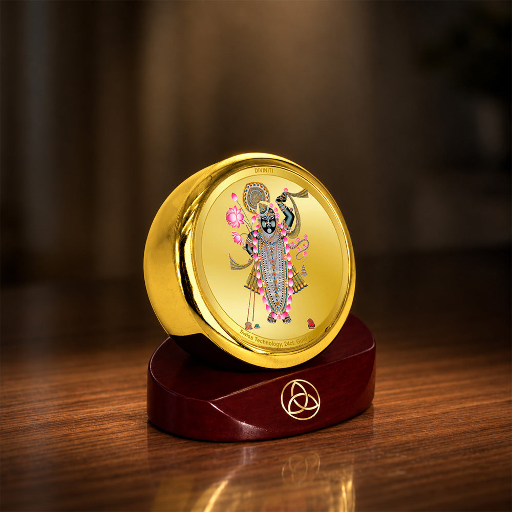 24K Gold-Plated Lord Shrinath Ji Car Dashboard Frame | 5x5 CM