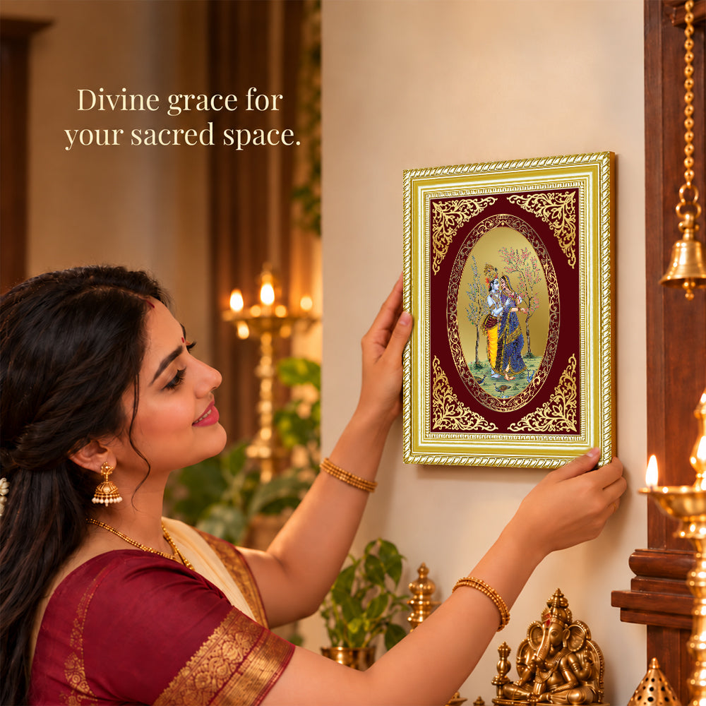 24K Gold-Plated Radha Krishna with Peacock Frame | Premium Gift Box | 26x20 CM