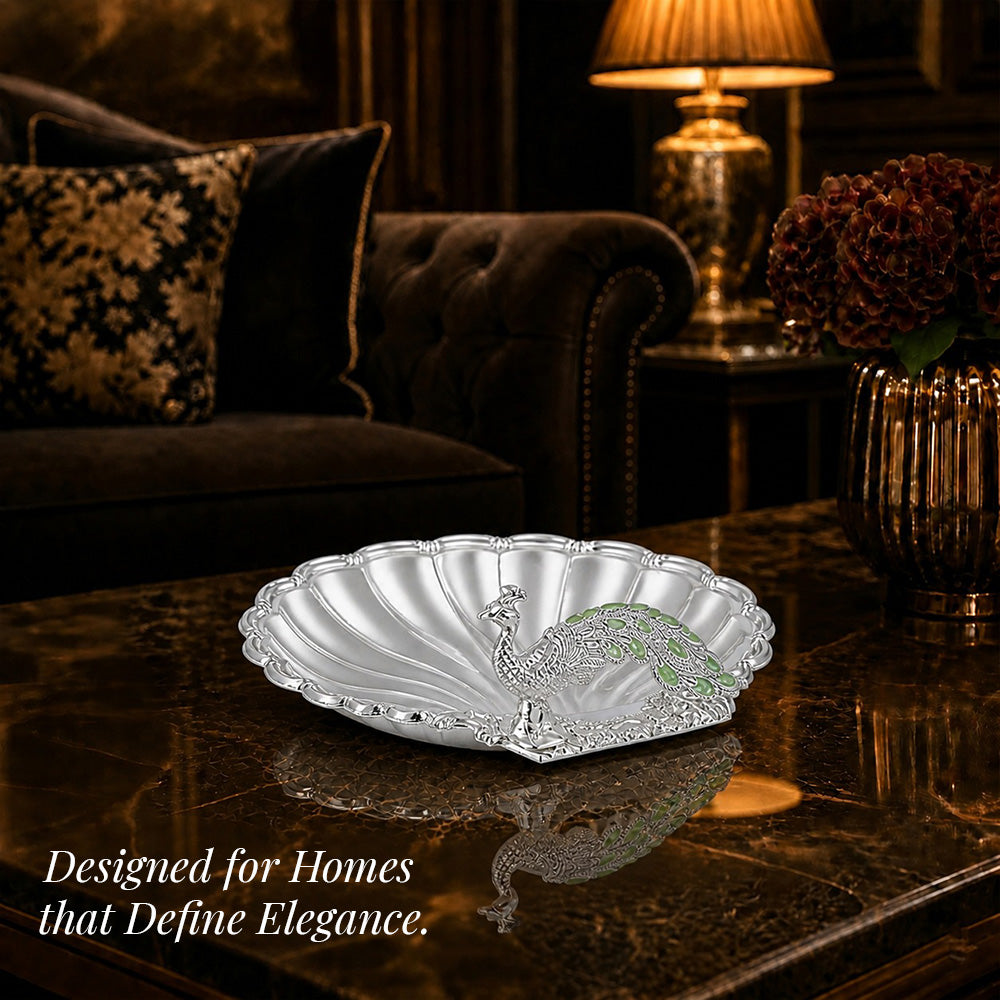 Diviniti Green Peacock German Silver Dry Fruit Bowl with Gift Box