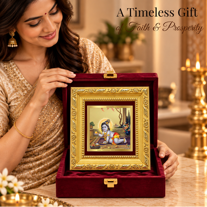24K Gold-Plated Bal Krishna Laddu Gopal Frame | Premium Gift Box | 10x10 CM