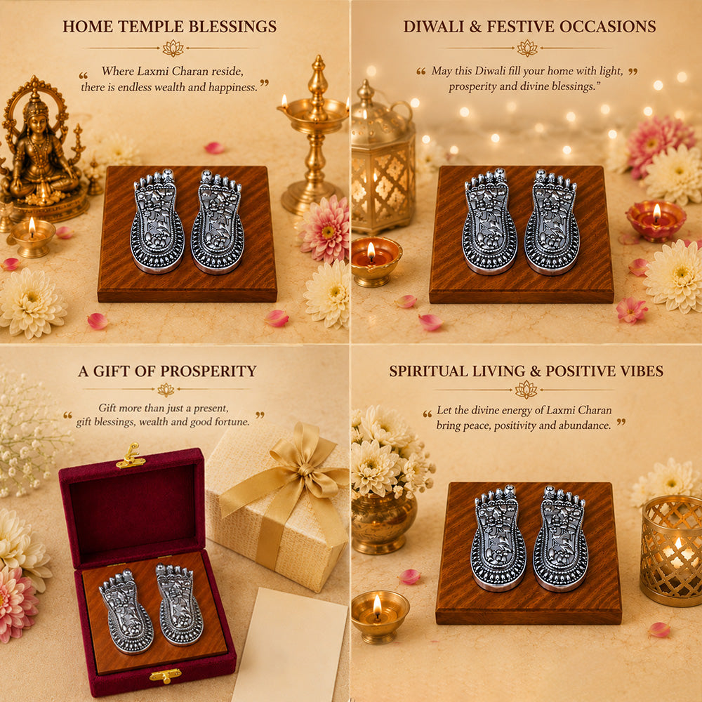 Diviniti 999 Silver Plated Laxmi Charan Paduka with Gift Box | Antique Decor