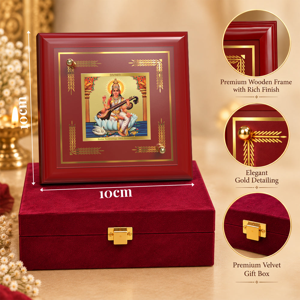 24K Gold-Plated Goddess Saraswati MDF Frame | Premium Gift Box | 10x10 CM
