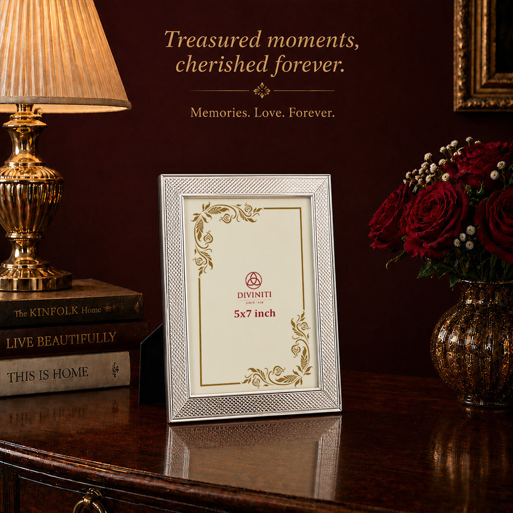 Diviniti Silver-Plated Decorative Photo Frame | Elegant Textured Tabletop Frame | 15 x 20 cm