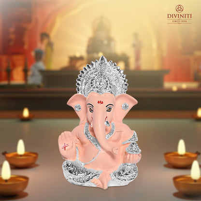 Diviniti 999 Silver Plated Resin Lord Ganesha Idol for Car Dashboard Tabletop for Home Decor Mandir Puja Gift Nude (8.4x4.2cm)