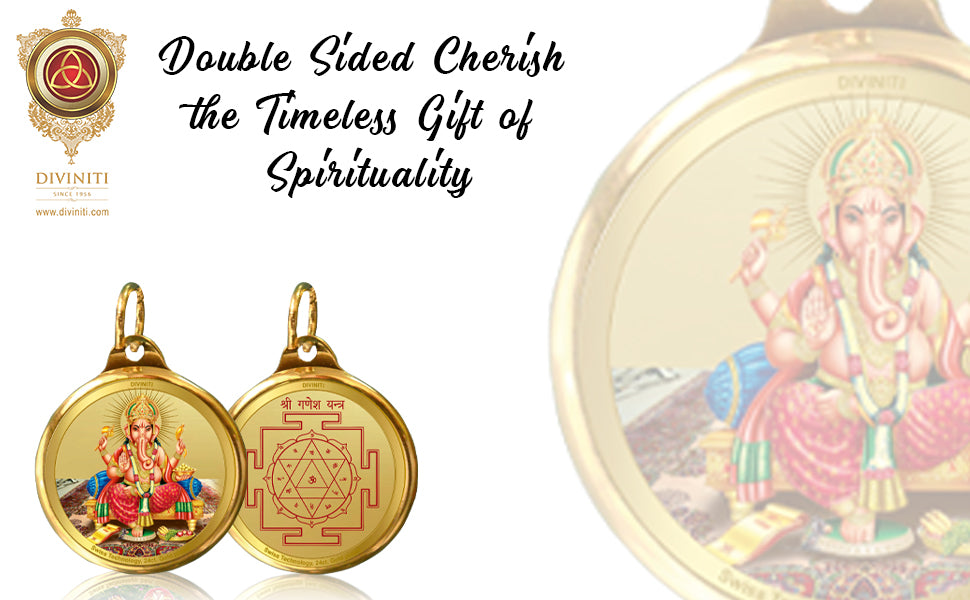 Diviniti 24K Gold Plated Ganesha & Yantra 22MM Double Sided Pendant For Men, Women & Kids