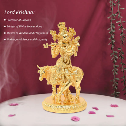 DIVINITI 24K Gold Plated Lord Krishna Statue | Exquisite Divine Idol For Home Decor, Office Table Top, Pooja Room & Luxury Gift (26x15 CM)