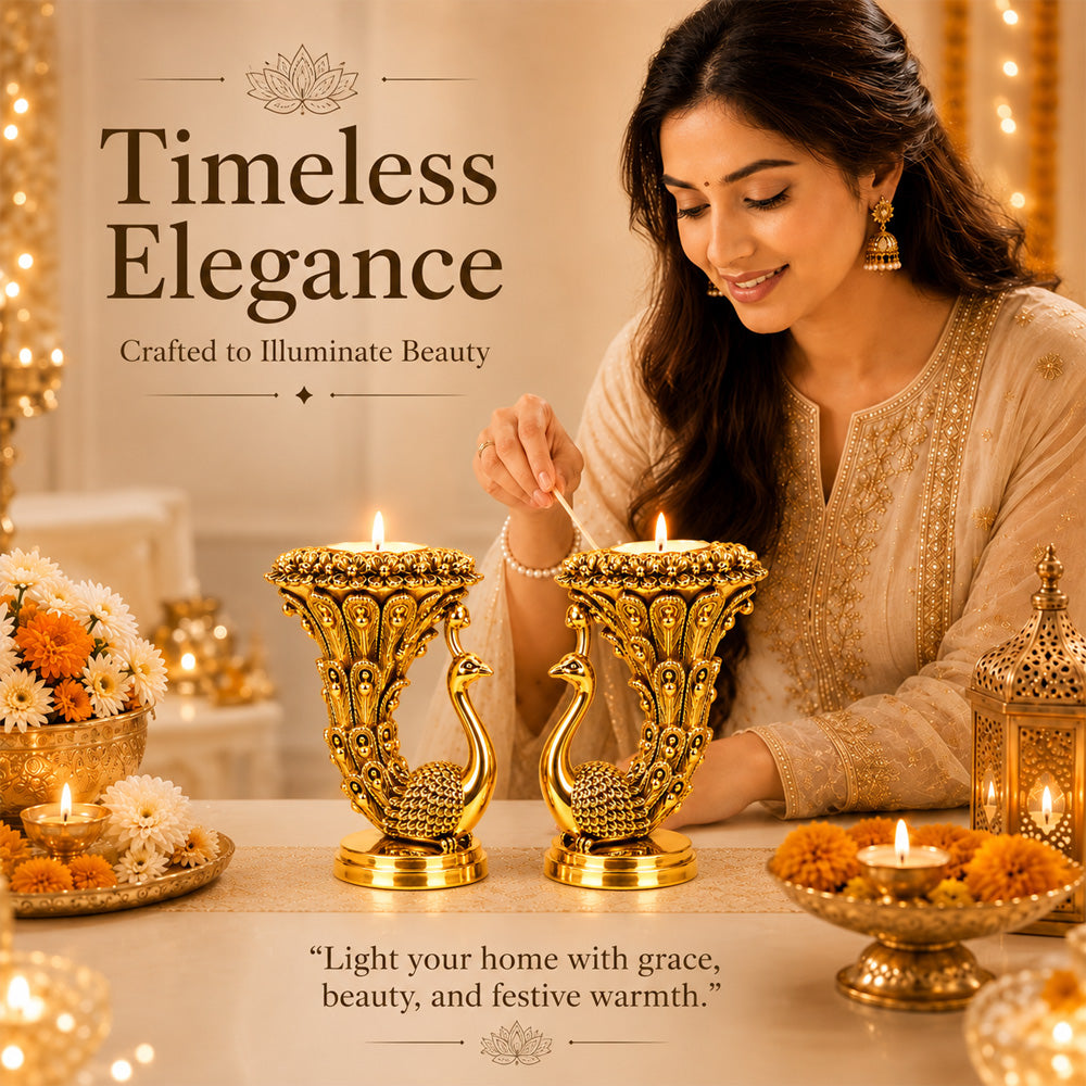 999 Gold-Plated Peacock Candle Holder Pair | Premium Gift Box | 10x8 CM