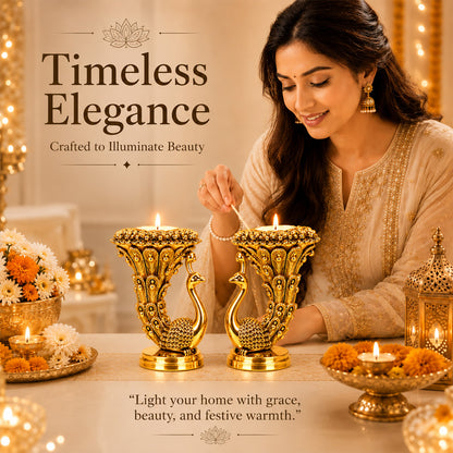 999 Gold-Plated Peacock Candle Holder Pair | Premium Gift Box | 10x8 CM