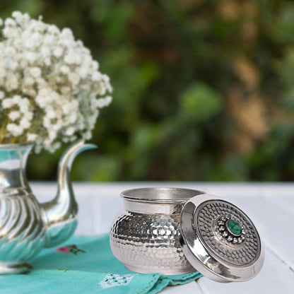Pure Silver Serenity Box Green Eye Studded Handcrafted Storage Container (8x6x7 cm, 152g)