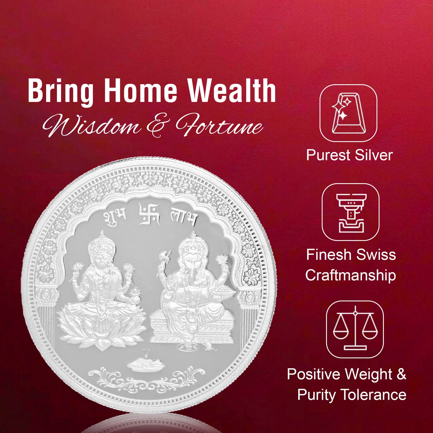 DIVINITI Pure Silver Coin Laxmi Ganesh & Swastik Symbol of Prosperity and Blessings for Home & Office Décor, Puja Room Diwali Gift (50g)