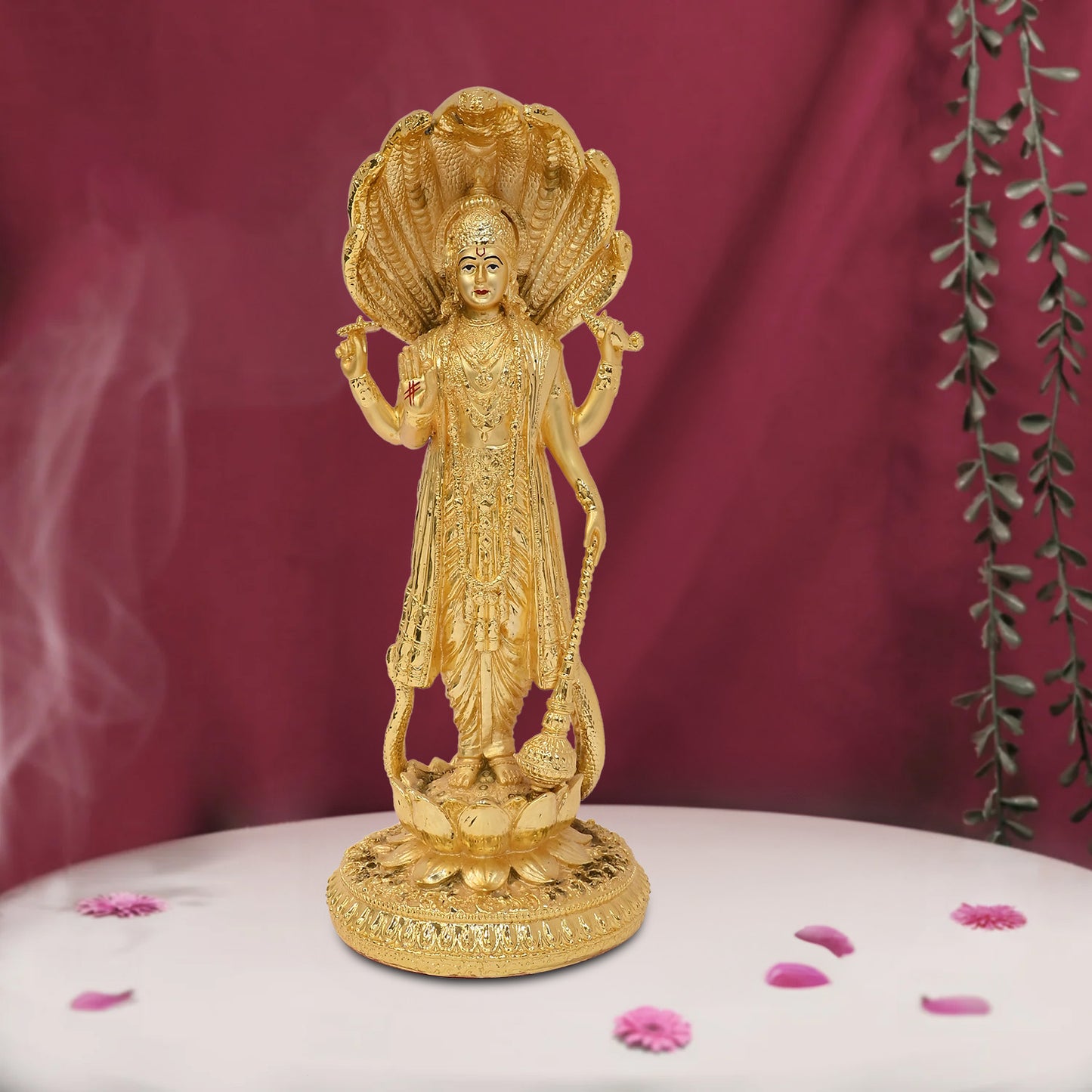 Diviniti 24K Gold-Plated Lord Vishnu Idol Elegant Spiritual Symbol of Protection For Home and Office Décor Tabletop Pooja Room Gift (30x13 CM)