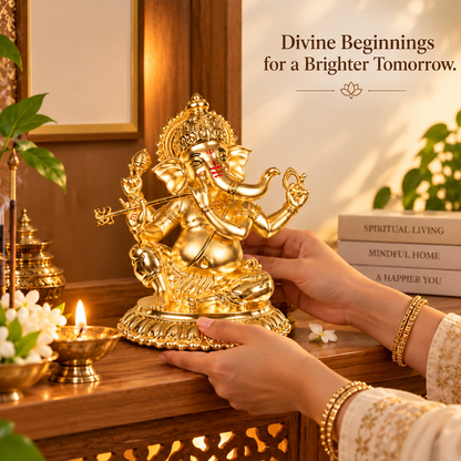 24K Gold-Plated Bansuri Ganesha Idol | Premium Gift Box | 16x14 CM