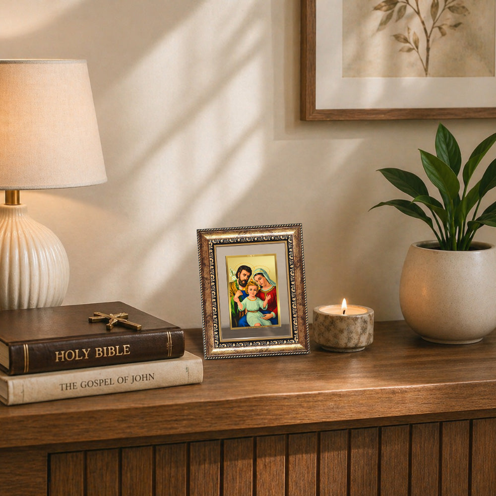 Diviniti 24K Gold Plated Holy Family Divine Table Top Frame for Home Mandir & Office Decor | Luxury Spiritual Gift