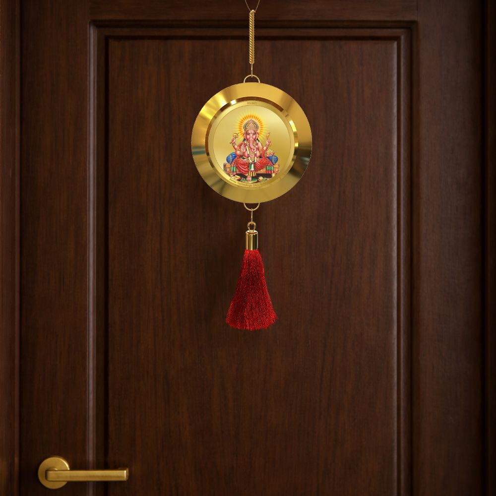 Diviniti 24K Gold Plated Double Sided Ganesha & Yantra Car Dangler|5.5 CM Ganesha Hanging Car Decor|Luxurious 24K Gold Plated Dangler For Car|Divine Car Accessories For Positive Energy & Protection