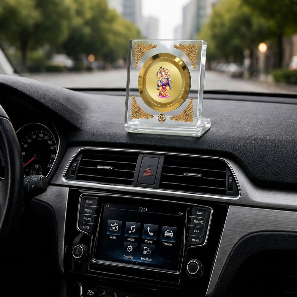 Dancing Ganesha car dashboard frame featuring 24K gold plating in a premium crystal-clear frame.