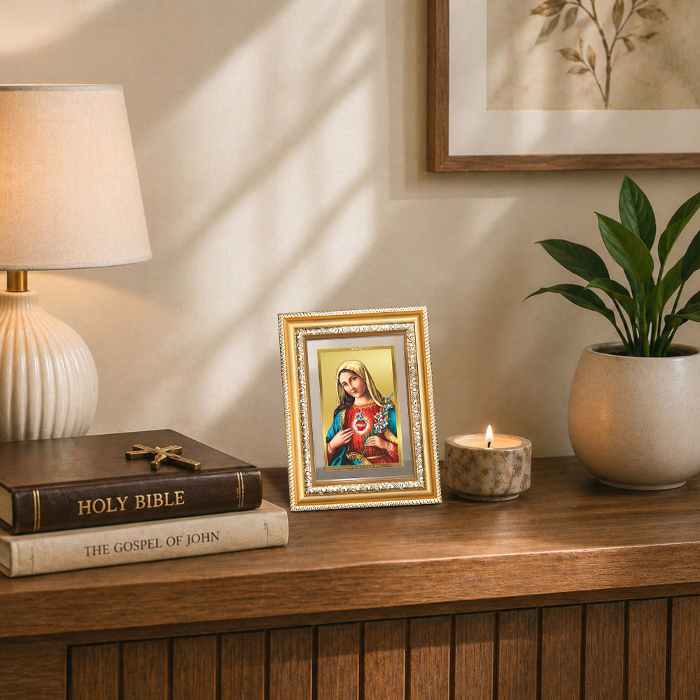 Diviniti 24K Gold Plated Mother Mary (Classic) Divine Wall and Table Top Frame for Home Mandir & Office Decor | Luxury Spiritual Gift