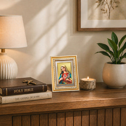 Diviniti 24K Gold Plated Mother Mary (Classic) Divine Wall and Table Top Frame for Home Mandir & Office Decor | Luxury Spiritual Gift