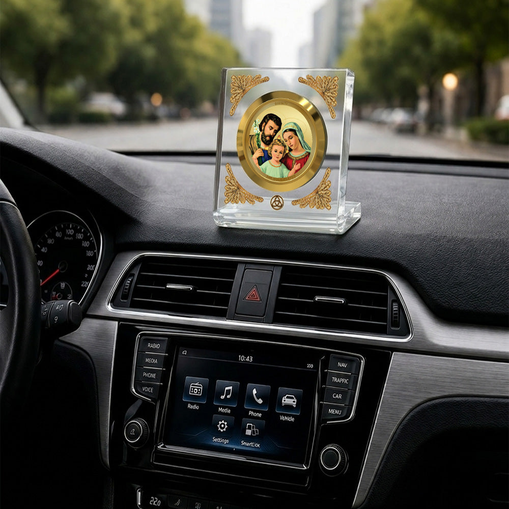 Holy Family Acrylic Car Dashboard Frame car dashboard frame featuring 24K gold plating in a premium crystal-clear frame.