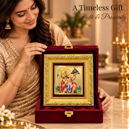 24K Gold-Plated Lord Hanuman with Sanjeevani Mountain Frame | Premium Gift Box | 10x10 CM