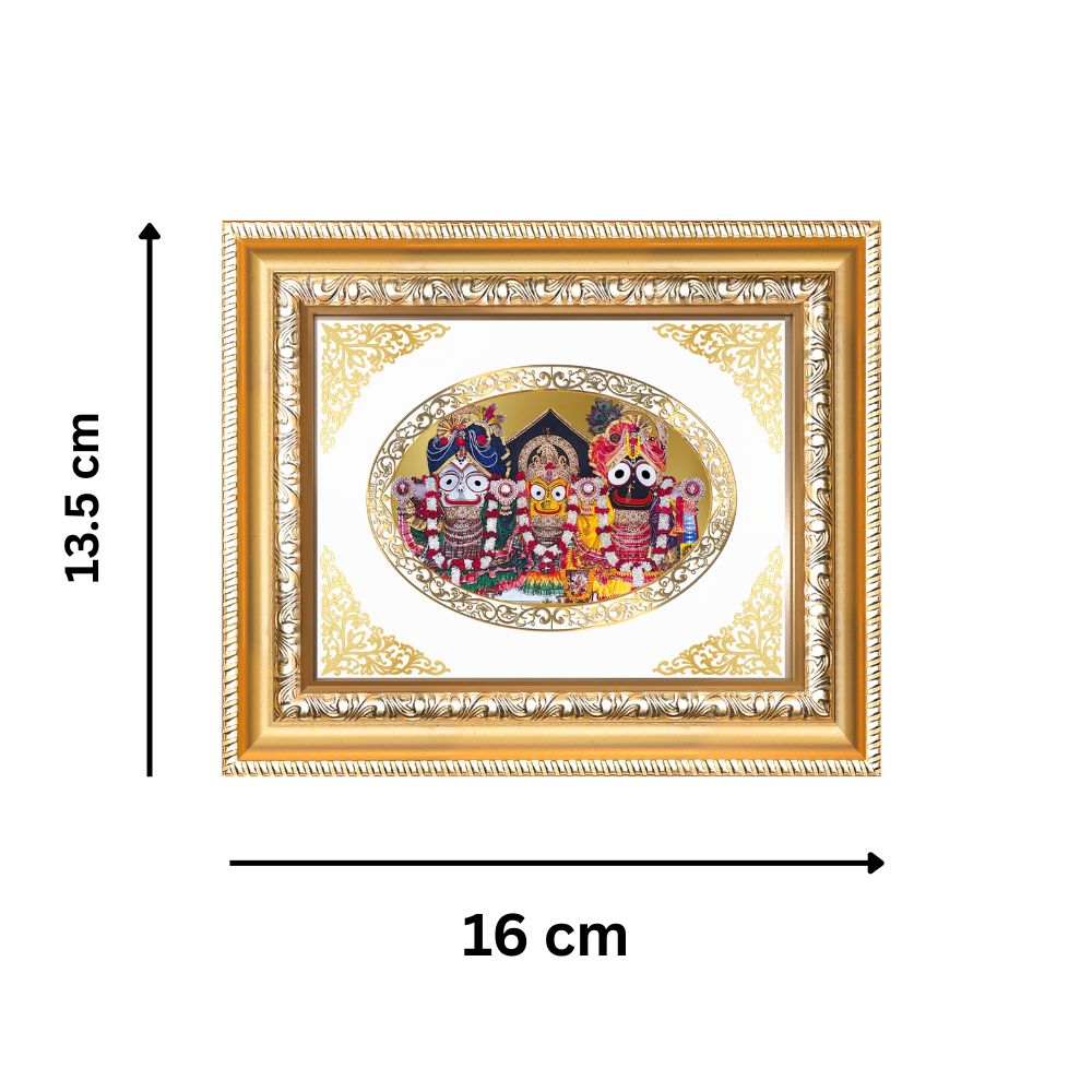 Lord Jagannath Balabhadra Subhadra Divine Puri Trinity Sacred Royal Tabletop Frame in 24K Gold Plated Foil