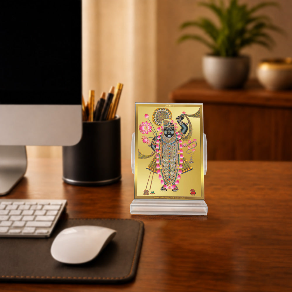24K Gold-Plated Lord Shrinath Ji Acrylic Car Dashboard Frame | 11x7 CM