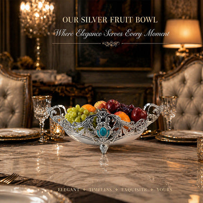 Diviniti German Silver Decorative Bowl with Turquoise Stone Accent & Luxury Gift Box displaying fruits on a lavish dining table.