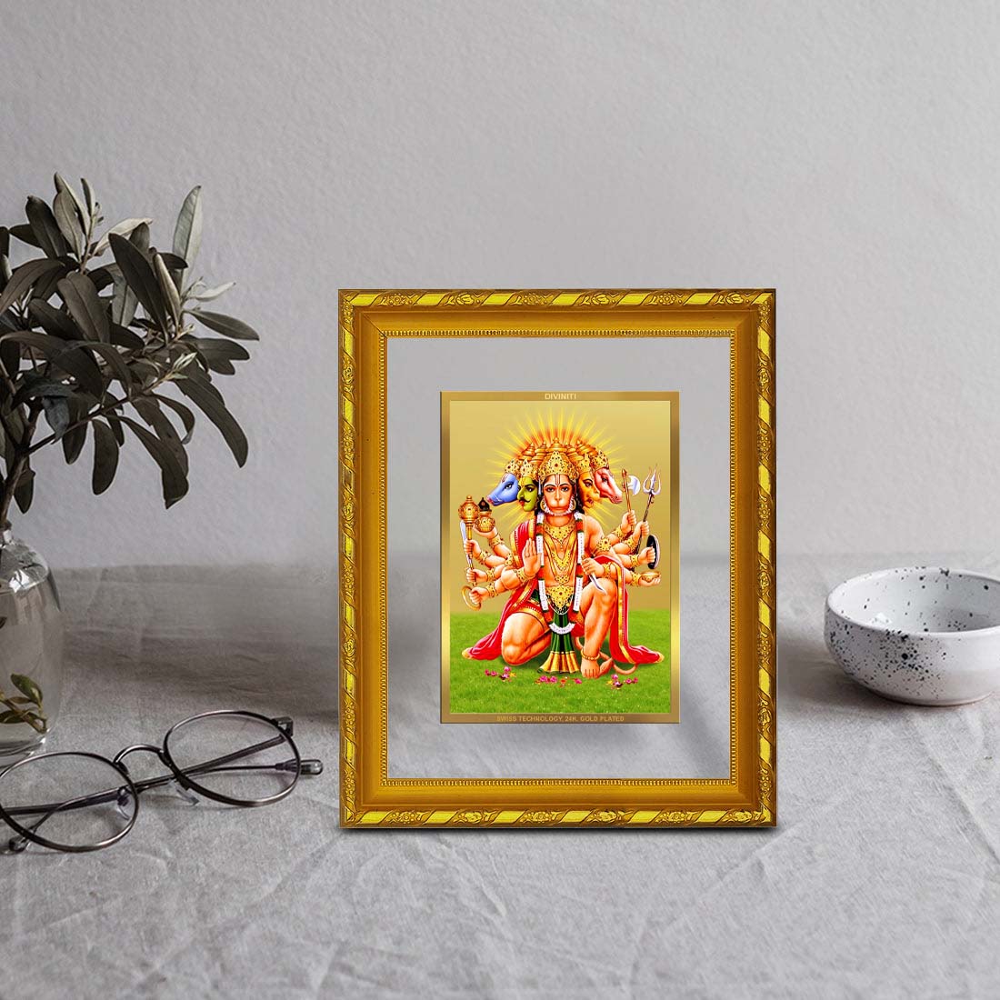 DIVINITI 24K Gold Plated Foil Panchmukhi Hanuman Photo Frame for Home Decor, Puja Room, Table Top, Wall Hanging, Workshop, Luxurious Gift|DG103 Size 2 (22.6x18.4 CM)