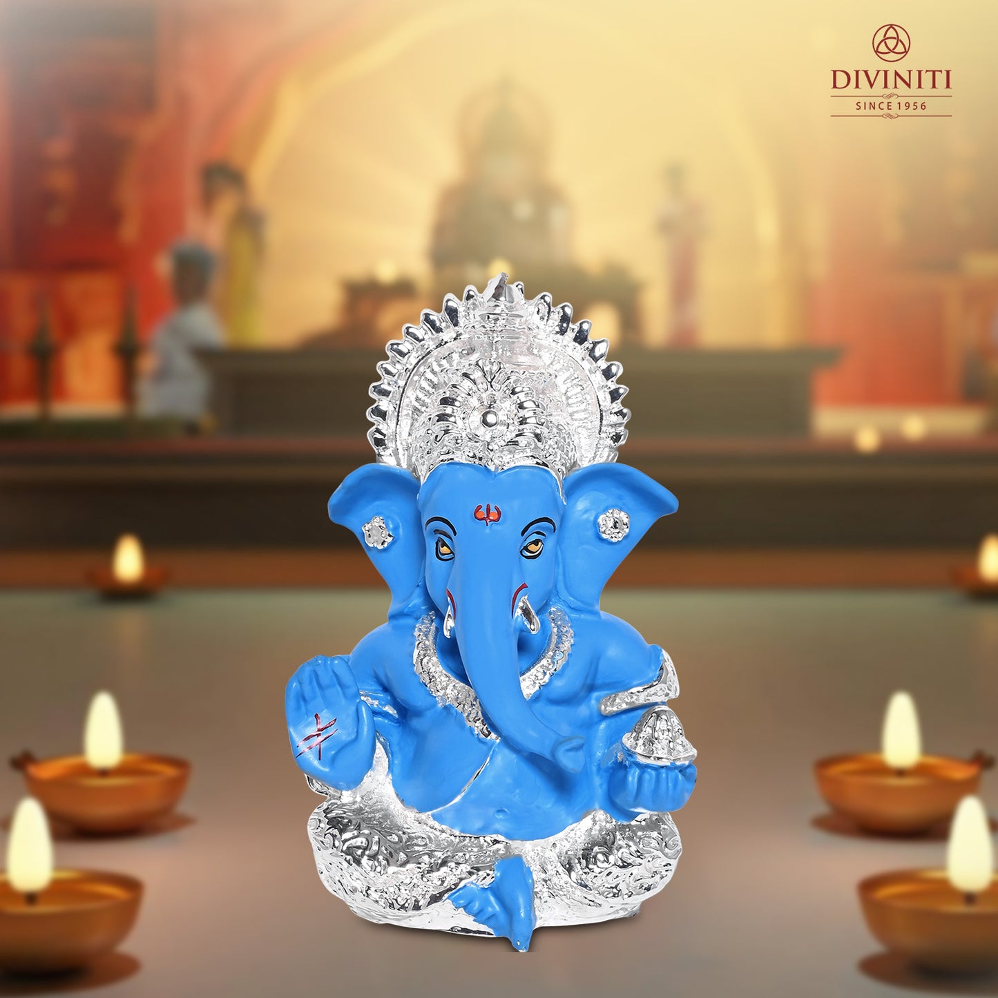 Diviniti 999 Silver Plated Resin Lord Ganesha Idol for Car Dashboard Tabletop for Home Decor Mandir Puja Gift Blue (8.4x4.2cm)