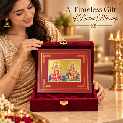24K Gold-Plated Lakshmi Ganesha MDF Frame | Premium Gift Box | 18x22 CM