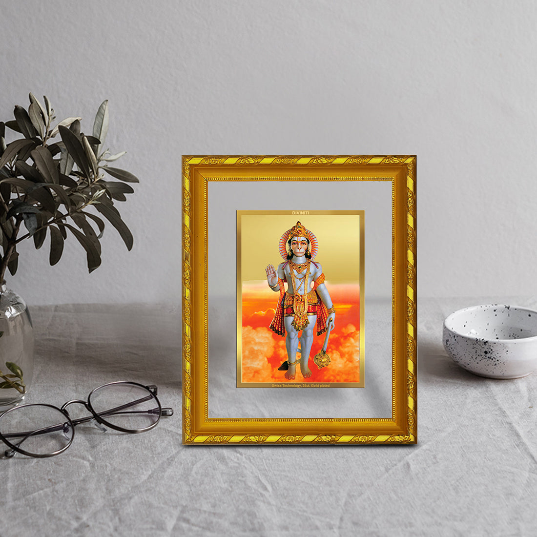 DIVINITI 24K Gold Plated Foil Lord Hanuman Photo Frame Idol for Home Wall Decor, Workshop, Table Top, Gift|DG103 Size 2 (22.6x18.4 CM)