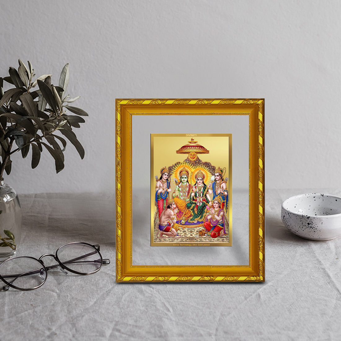 DIVINITI 24K Gold Plated Foil Shri Ram Darbar Photo Frame for Wall Hanging, Workshop, Table Top, Home Decor, Luxury Gift|DG103 Size 2 (22.6x18.4 CM)