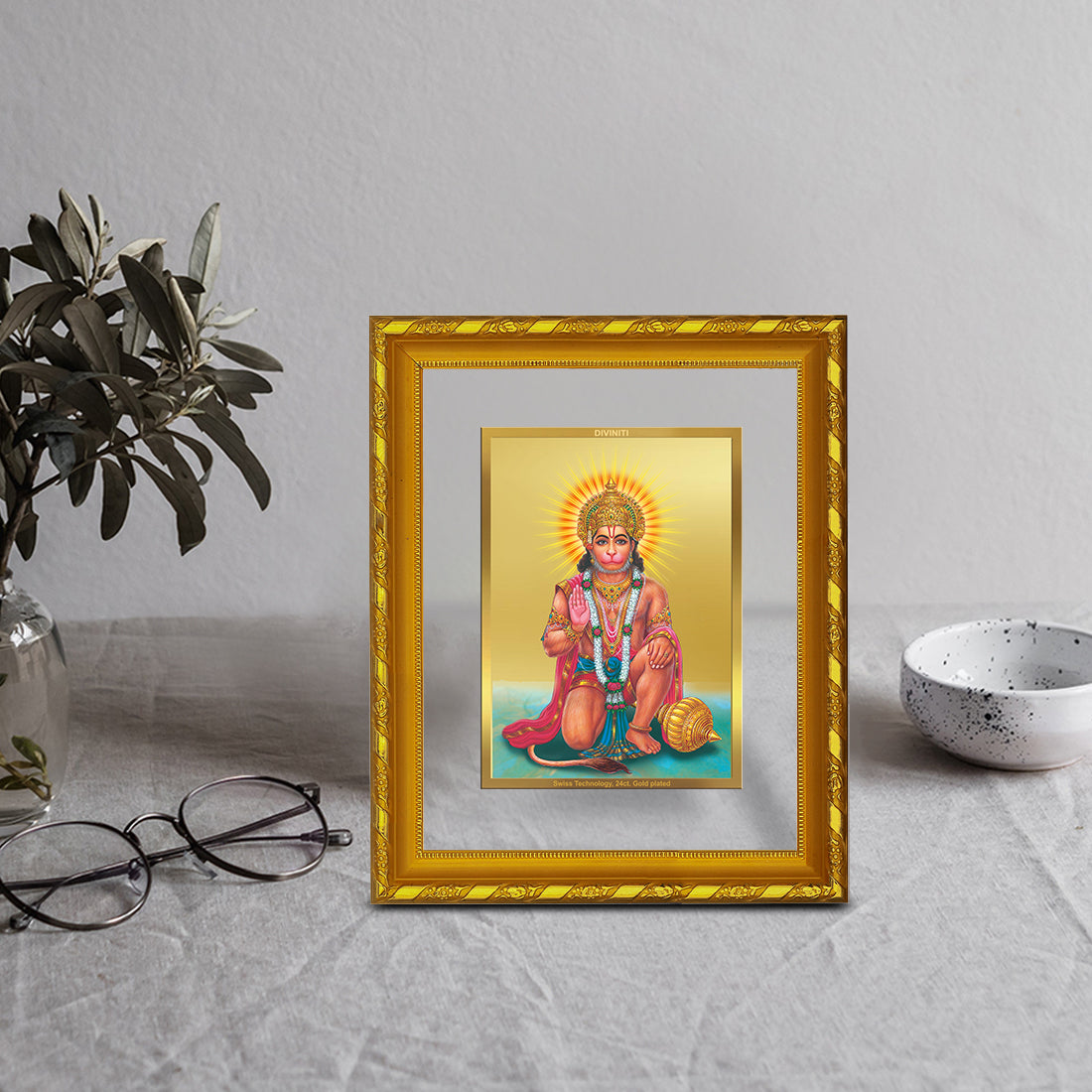 DIVINITI 24K Gold Plated Lord Hanuman Photo Frame Idol for Home & Office Decor, Wall Hanging, Workshop, Table Top, Gift|DG103 Size 2 (22.6x18.4 CM)