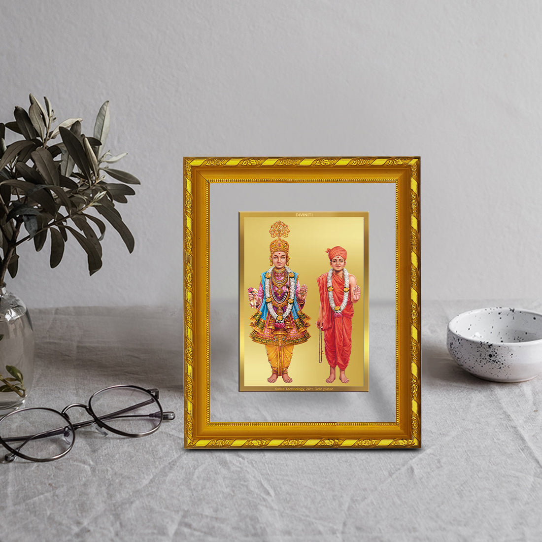 DIVINITI 24K Gold Plated Foil Swami Narayan Photo Frame for Wall Hanging, Workshop, Table Top, Home Decor, Luxury Gift|DG103 Size 2 (22.6x18.4 CM)