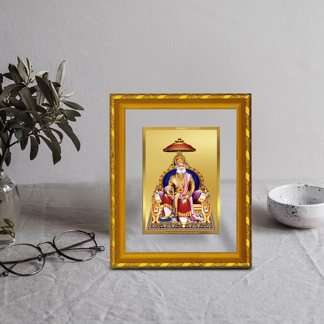 DIVINITI 24K Gold Plated Foil Agrasen Maharaj Elegant Photo Frame Idol for Wall Hanging, Workshop, Table Top, Home Decor, Luxury Gift|DG103 Size 2 (22.6x18.4 CM)
