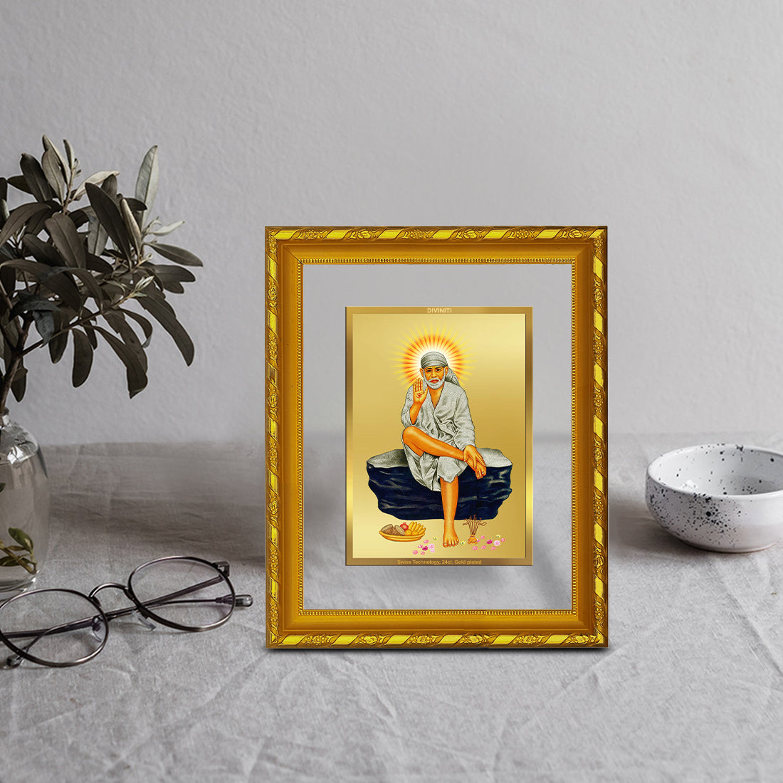 DIVINITI 24K Gold Plated Foil Sai Baba Photo Frame for Home Wall Decor, Workshop, Table Top, Premium Gift|DG103 Size 2 (22.6x18.4 CM)