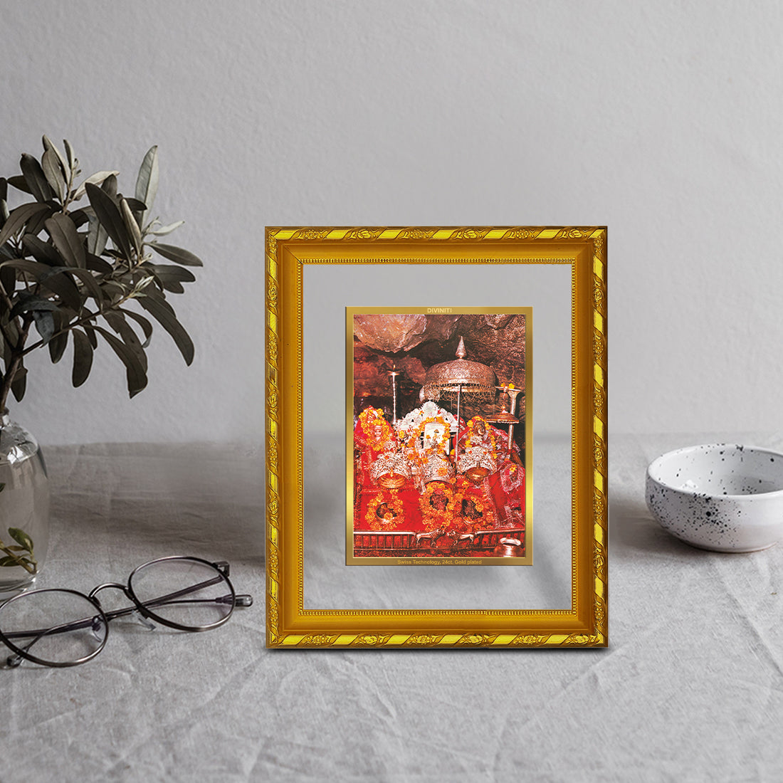 DIVINITI 24K Gold Plated Foil Mata Ka Darbar Photo Frame Idol for Home Wall Decor, Workshop, Table Top, Gift|DG103 Size 2 (22.6x18.4 CM)
