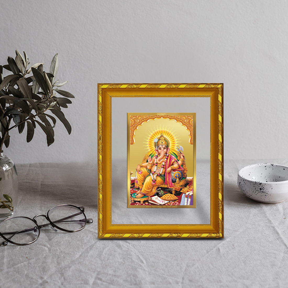 DIVINITI 24K Gold Plated Foil Ganesha Photo Frame Idol for Home & Office Decor, Wall Hanging, Workshop, Table Top, Gift|DG103 Size 2 (22.6x18.4 CM)
