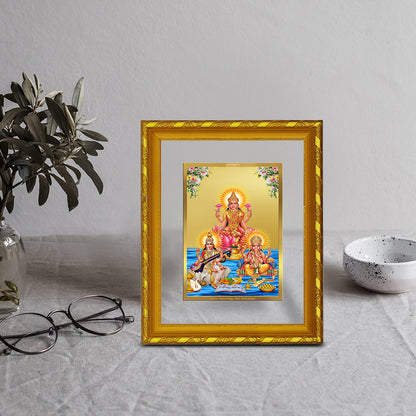 DIVINITI 24K Gold Plated Foil Lakshmi Ganesha Saraswati Photo Frame Idol for Home & Office Decor, Wall Hanging, Workshop, Table Top, Gift|DG103 Size 2 (22.6x18.4 CM)