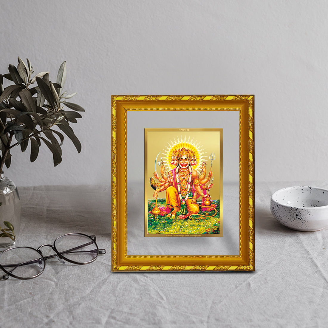 DIVINITI 24K Gold Plated Foil Panchmukhi Hanuman Photo Frame for Home Decor, Puja Room, Table Top, Wall Hanging, Workshop, Luxurious Gift|DG103 Size 2 (22.6x18.4 CM)