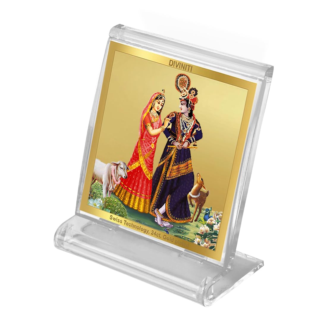 Diviniti 24K Gold Plated Foil Radha Krishna Acrylic Frame for Car Dashboard, Home Decor, Tabletop, Puja Room, Festival Gift ACF3A (5.8x4.8 CM)