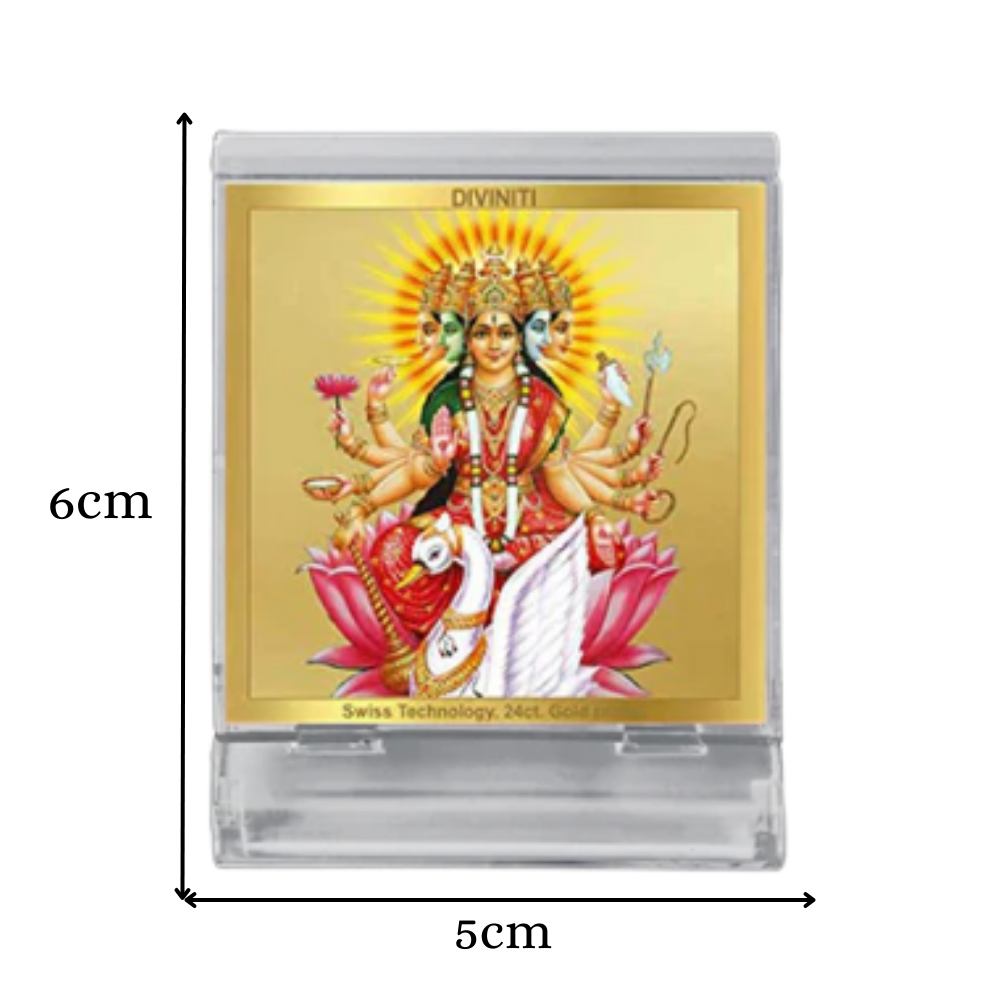 Gayatri Mata | Divine Goddess Gayatri Car Dashboard & Tabletop Photo Frame in 24K Gold Plated Foil