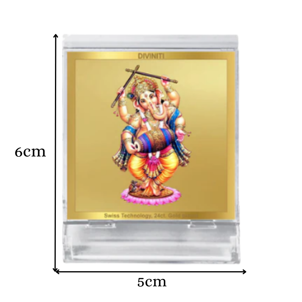 Dancing Ganesha | Divine Lord Ganesha Car Dashboard & Tabletop Photo Frame in 24K Gold Plated Foil