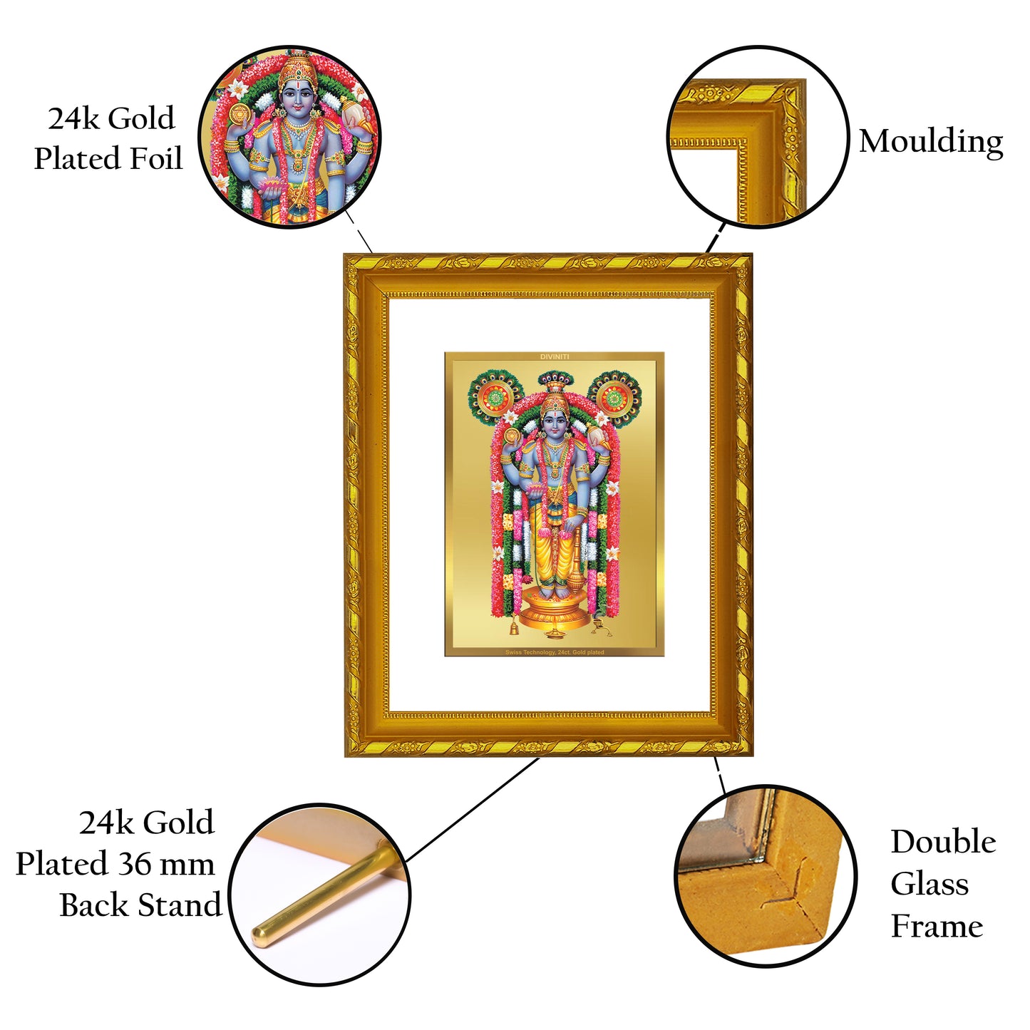 DIVINITI 24K Gold Plated Foil Guruvayurappan Photo Frame for Puja Room, Home Wall Decor, Workshop, Table Top, Premium Gift|DG103 Size 2 (22.6x18.4 CM)