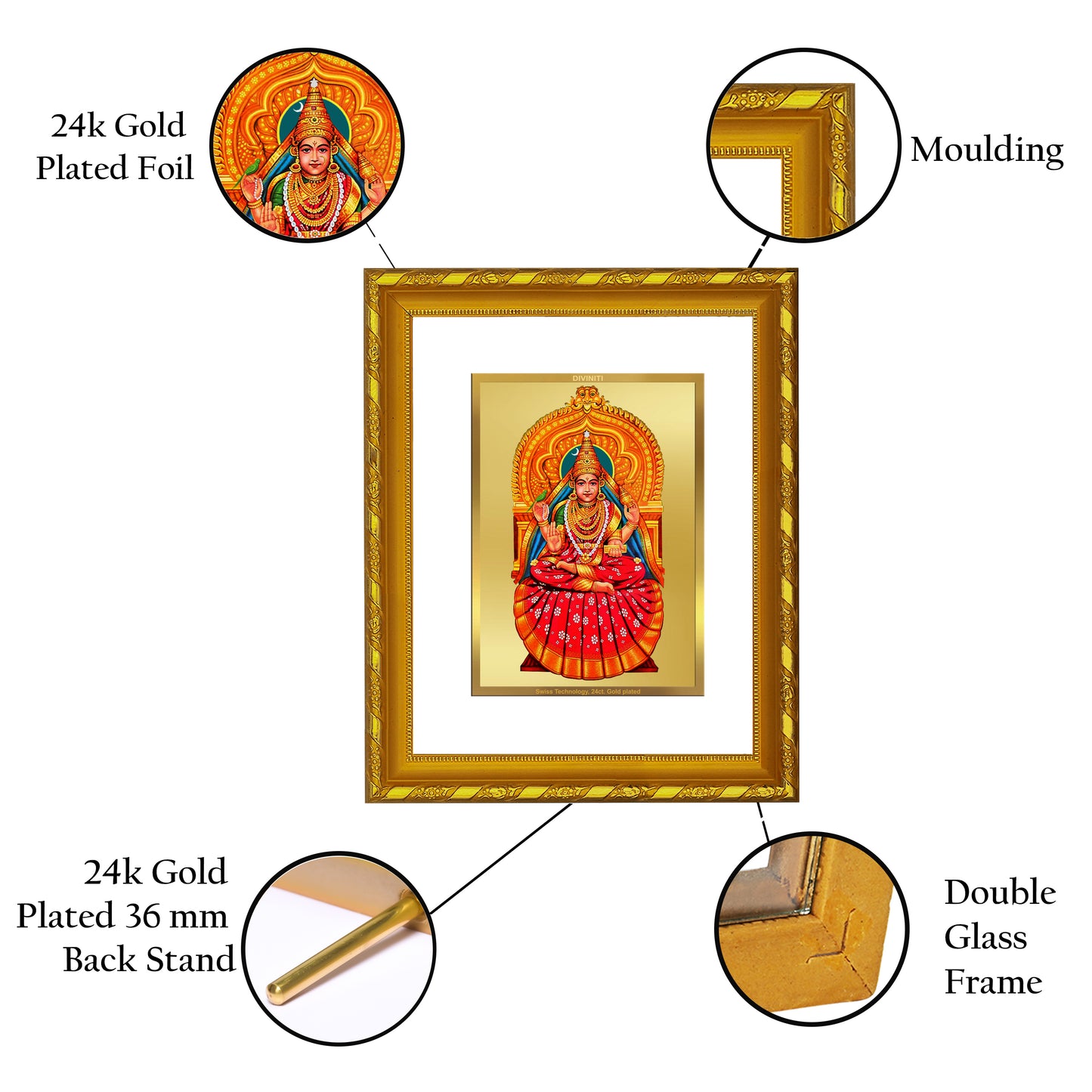 DIVINITI 24K Gold Plated Foil Sharda Mata Photo Frame for Home Wall Decor, Workshop, Table Top, Gift|DG103 Size 2 (22.6x18.4 CM)