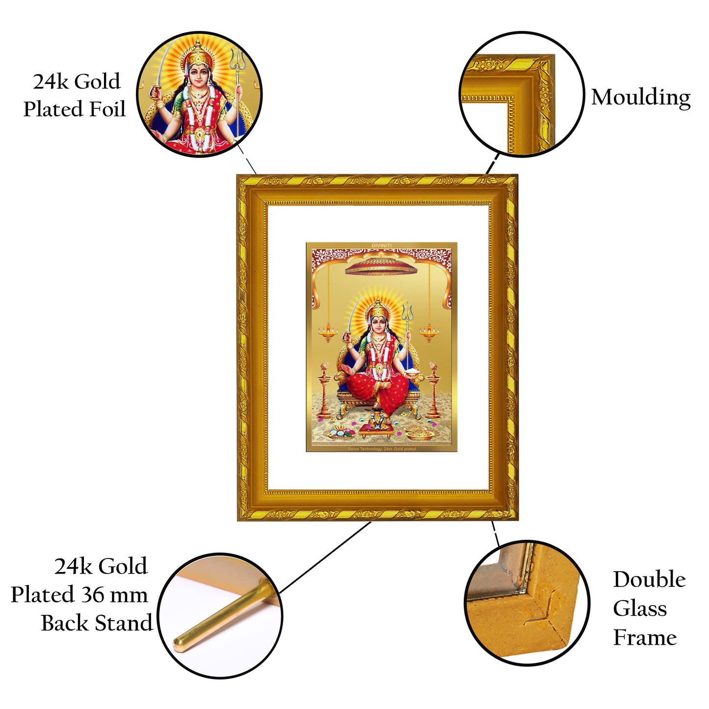 DIVINITI 24K Gold Plated Foil Santoshi Mata Photo Frame for Home Decor, Table Top, Wall Hanging, Workshop, Premium Gift|DG103 Size 2 (22.6x18.4 CM)