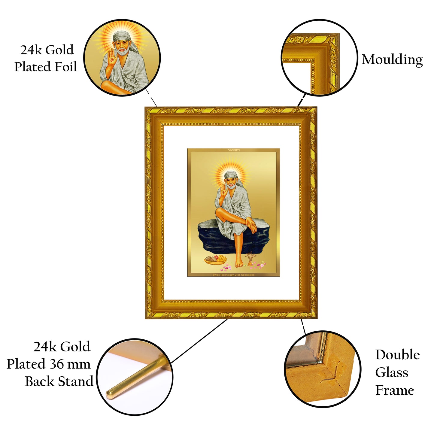 DIVINITI 24K Gold Plated Foil Sai Baba Photo Frame for Home Wall Decor, Workshop, Table Top, Premium Gift|DG103 Size 2 (22.6x18.4 CM)