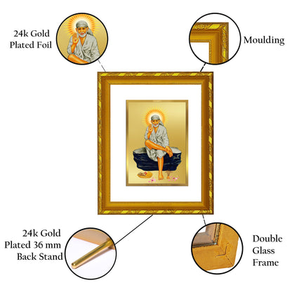 DIVINITI 24K Gold Plated Foil Sai Baba Photo Frame for Home Wall Decor, Workshop, Table Top, Premium Gift|DG103 Size 2 (22.6x18.4 CM)