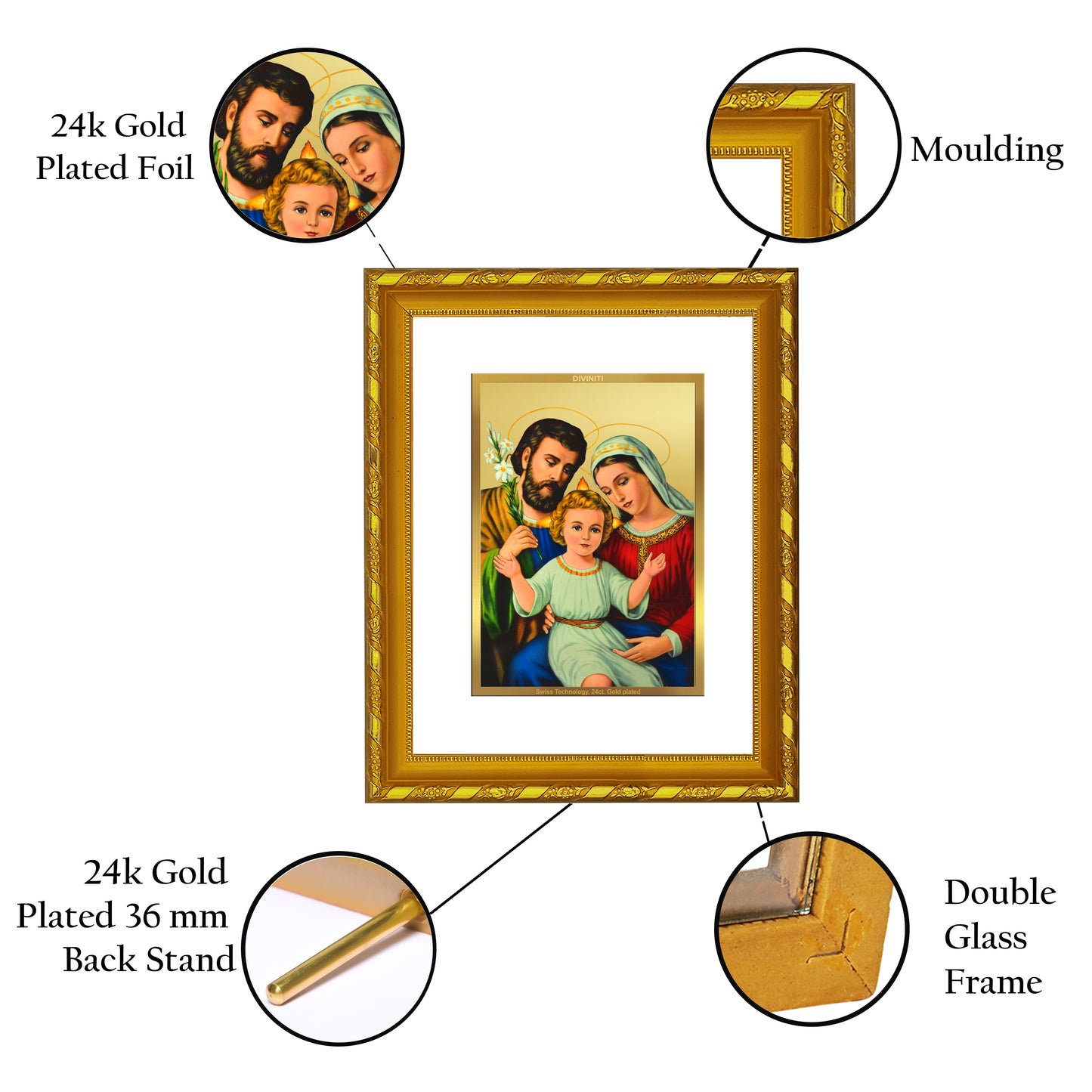 DIVINITI 24K Gold Plated Foil Holy Family Photo Frame for Home Decor, Prayer Room, Table Top, Wall Hanging, Workshop, Gift|DG103 Size 2 (22.6x18.4 CM)